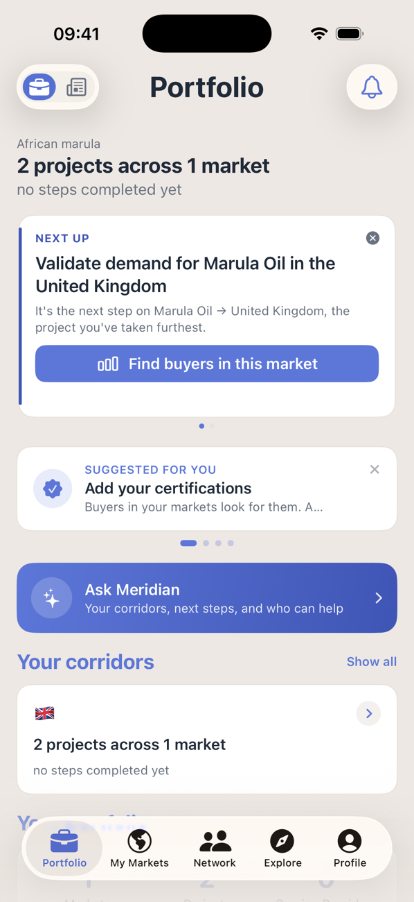 Promote:Global portfolio home for a marula oil exporter: the next step on the UK corridor, an Ask Meridian banner, and two projects grouped under Your corridors