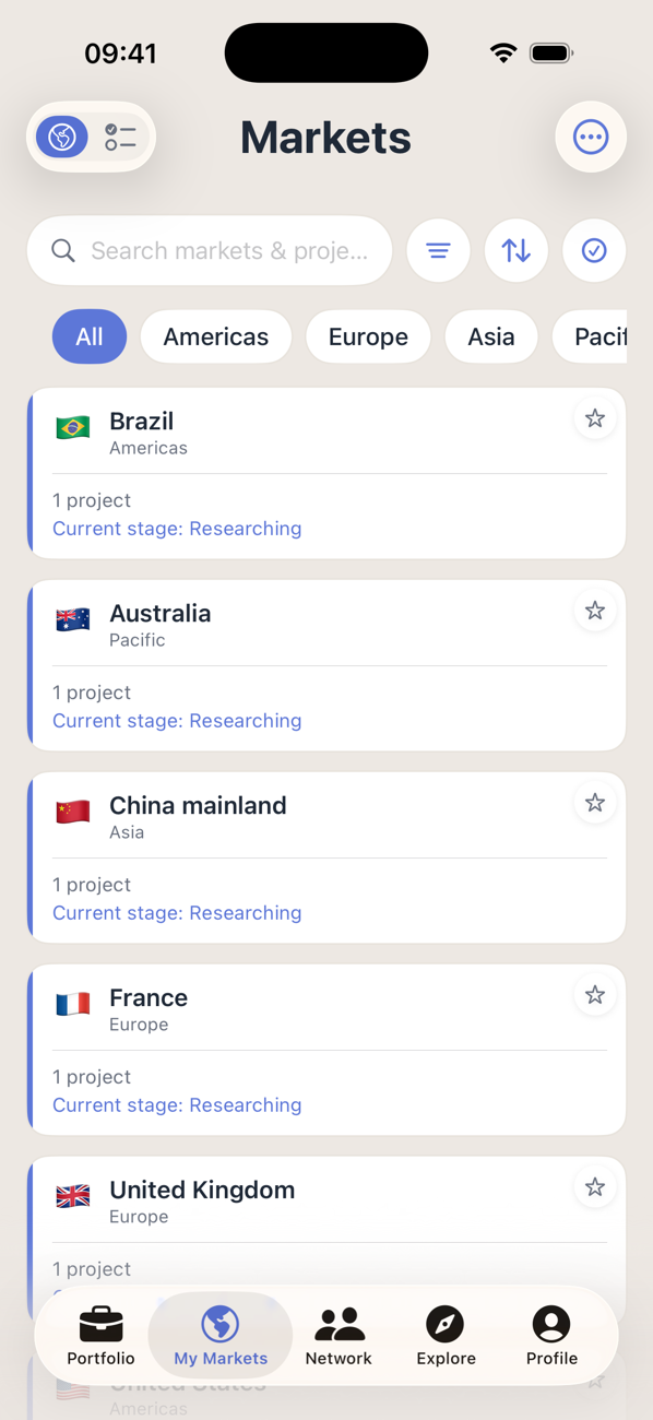 Three screens from the Promote:Global company app, in the order of the three steps beside them: the best-next-markets ranking for one product; the United Kingdom market page with World Bank figures for GDP, population, inflation and trade share, a 7-of-8 export-readiness score and all 3 steps done in the linked UK plan; and the network of trade agencies, chambers, advisors and service providers who publish their own listings in that market